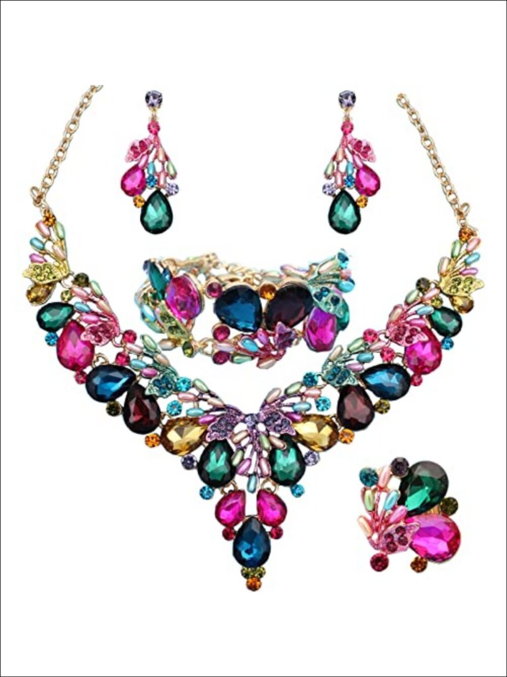 14k Gold Plated Jewelry Set Necklace Earrings Bracelet Ring Bridal Party